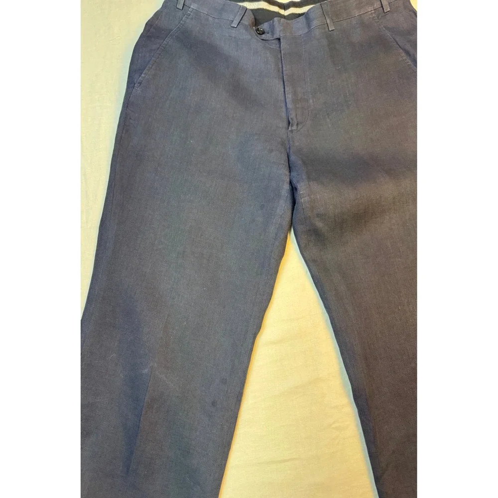 Armani Collezioni Mens Navy Blue Linen Blend Flat Front Straight Leg Pants 35x29